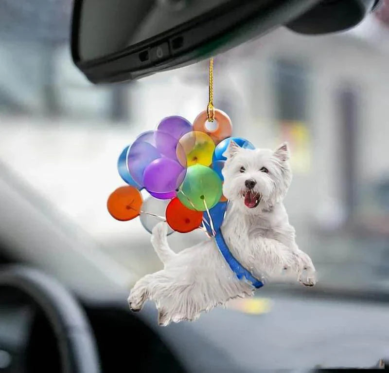 Charming cartoon dog car charm with vibrant balloon parachute design, a delightful automotive accessory for pet lovers