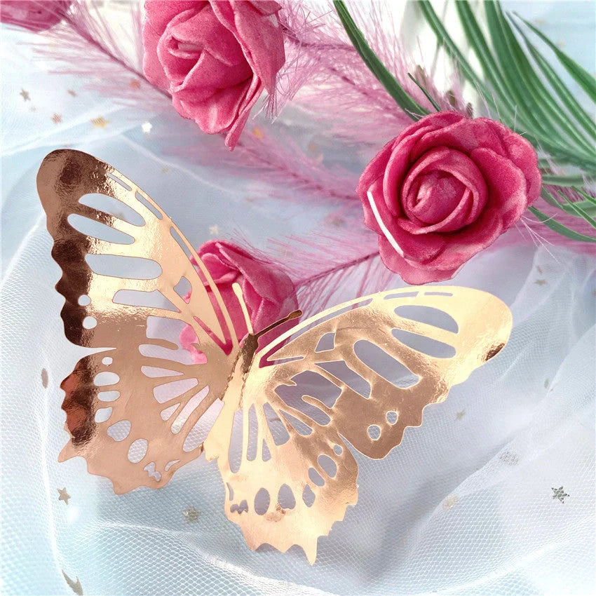 3D hollow butterflies mirror wall stickers in gold and rose gold, perfect for kids rooms and home decor