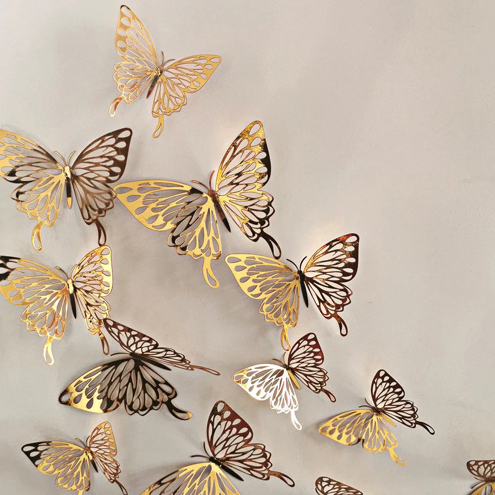 3D hollow butterflies mirror wall stickers in gold and rose gold, perfect for kids rooms and home decor