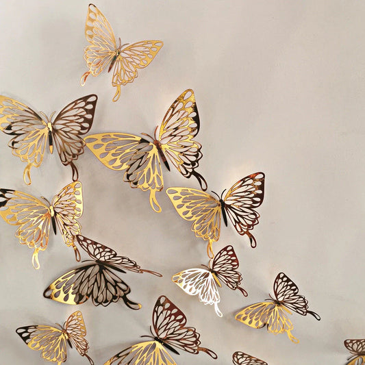3D hollow butterflies mirror wall stickers in gold and rose gold, perfect for kids rooms and home decor