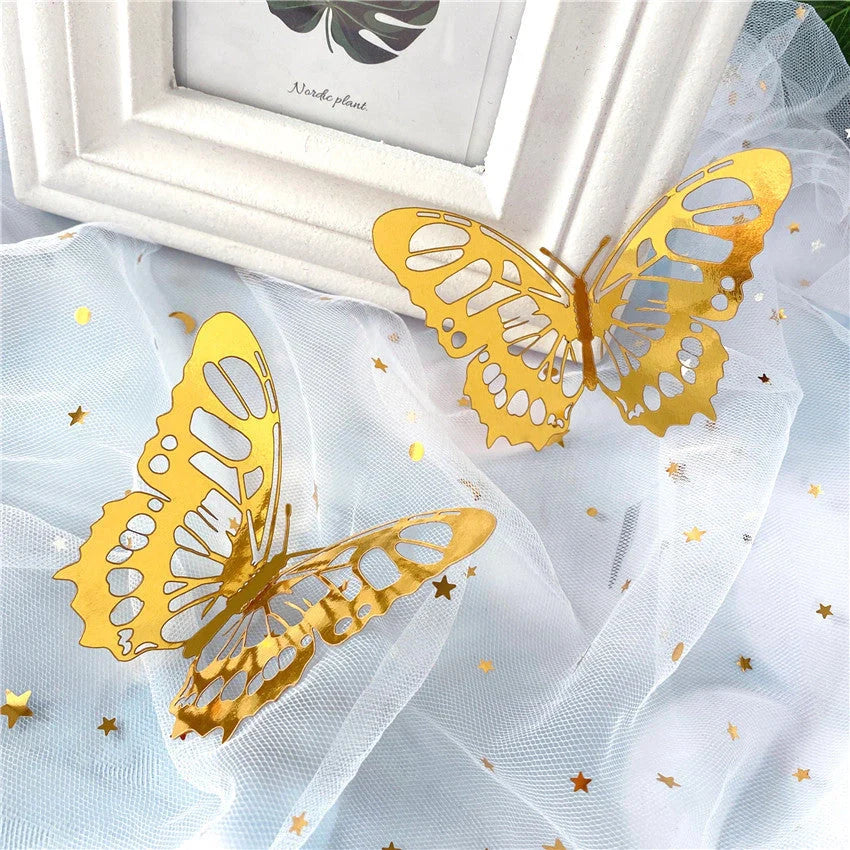 3D hollow butterflies mirror wall stickers in gold and rose gold, perfect for kids rooms and home decor