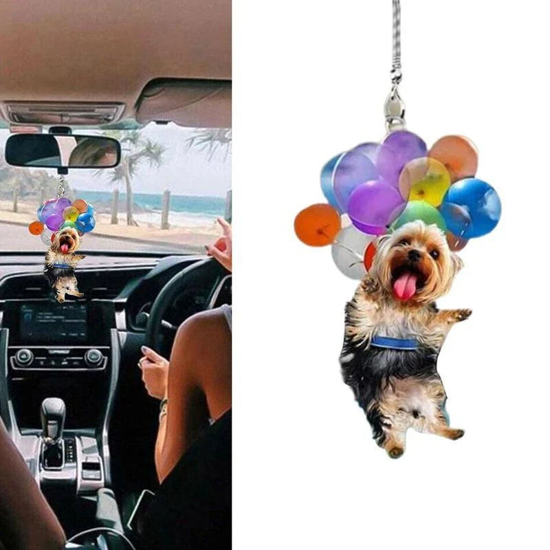 Charming cartoon dog car charm with vibrant balloon parachute design, a delightful automotive accessory for pet lovers