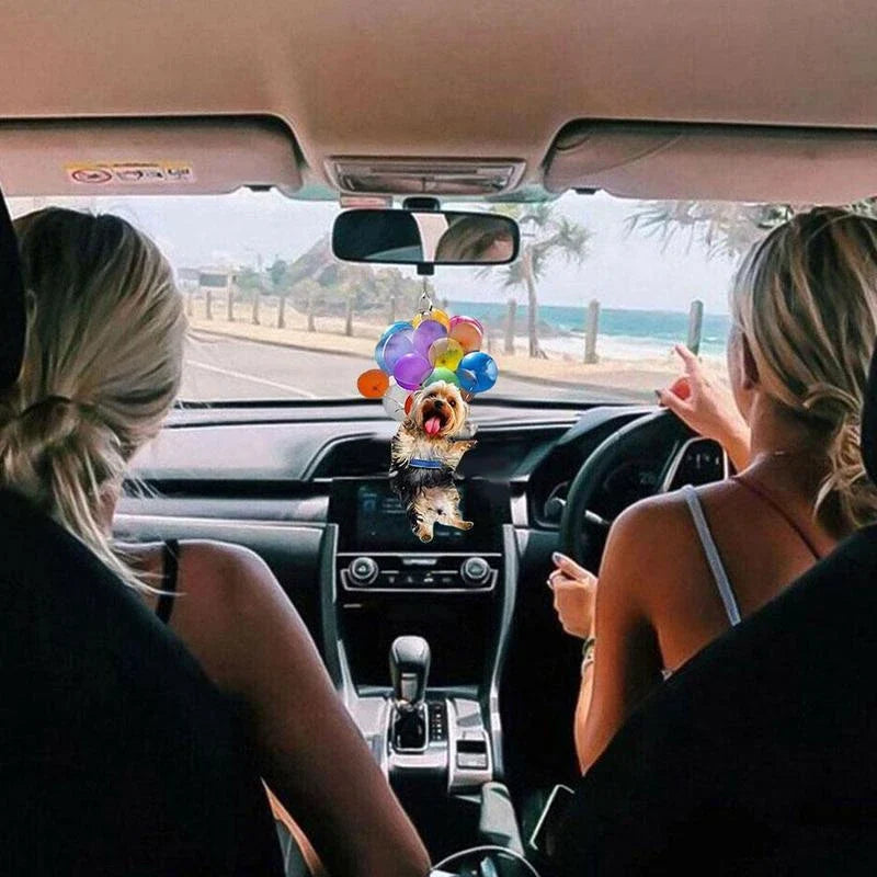 Charming cartoon dog car charm with vibrant balloon parachute design, a delightful automotive accessory for pet lovers
