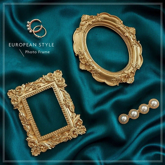 Golden Retro Photo Frame displaying jewellery and art in a Nordic-style resin design