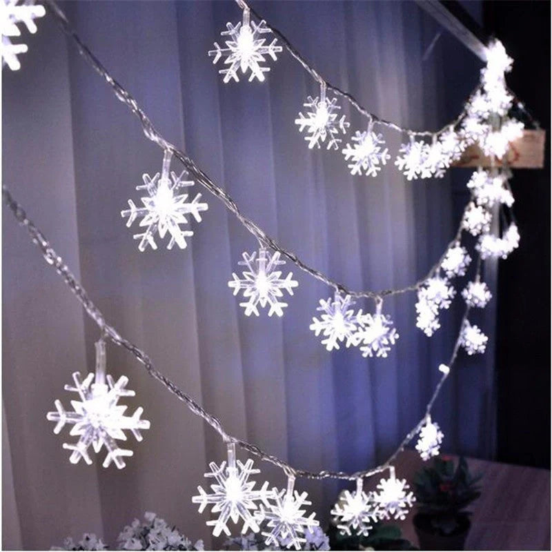 Snowflake string light garlands for Christmas and winter decor in various colours and lengths