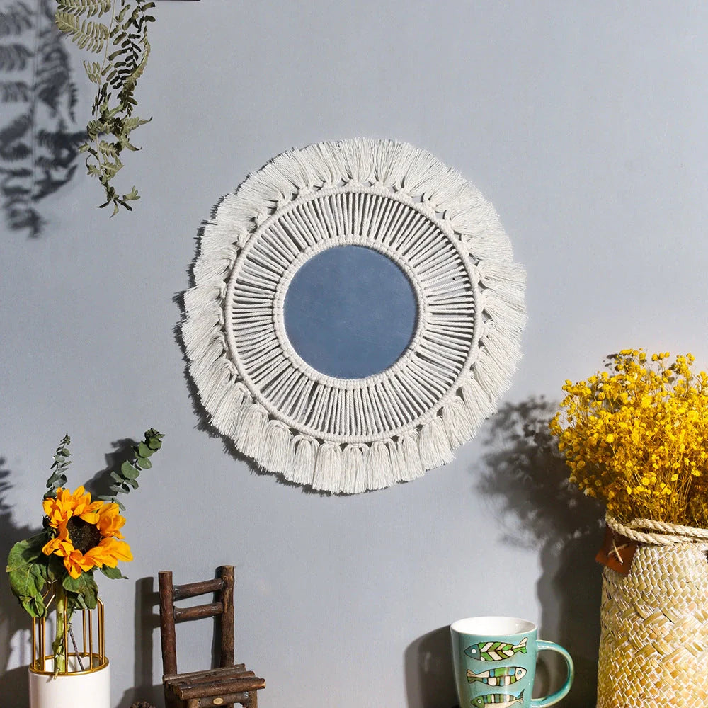 Hand-woven boho round wall mirror with wooden bead accents