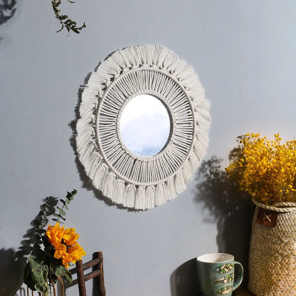 Hand-woven boho round wall mirror with wooden bead accents