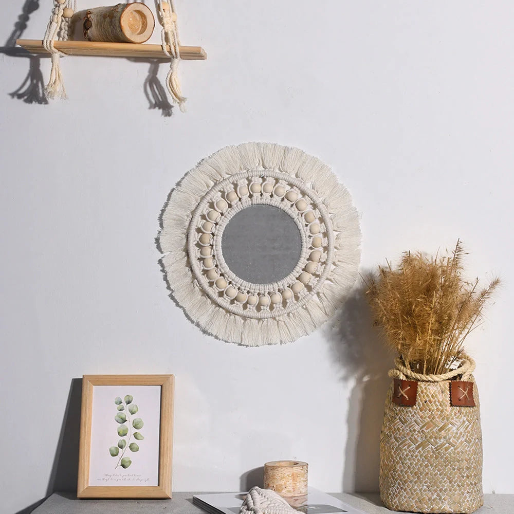 Hand-woven boho round wall mirror with wooden bead accents