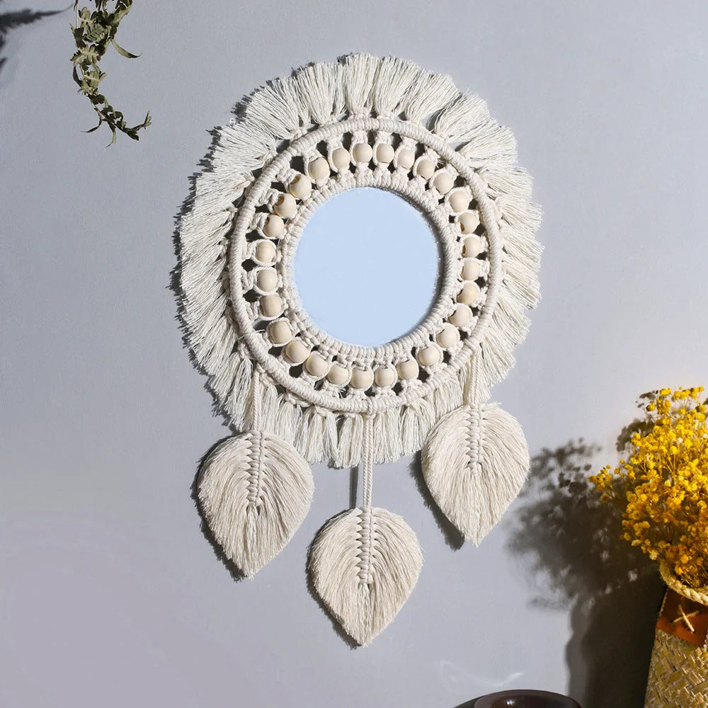 Hand-woven boho round wall mirror with wooden bead accents