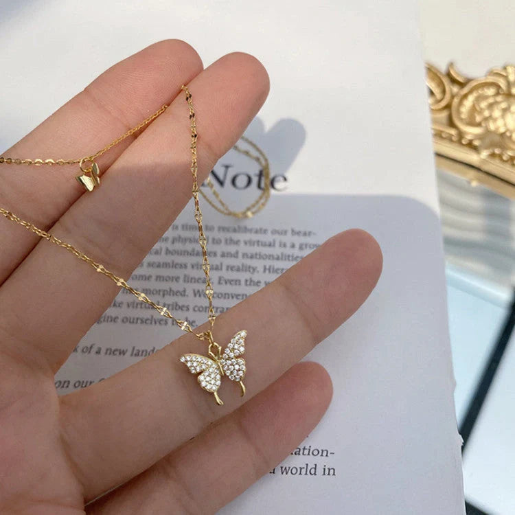 Elegant silver butterfly double layer clavicle chain necklace for women