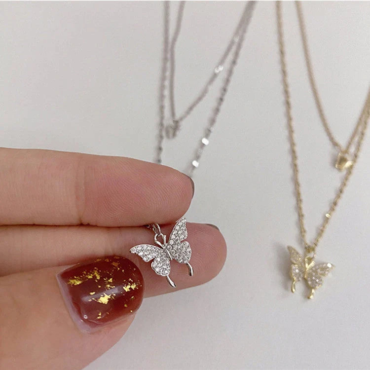Elegant silver butterfly double layer clavicle chain necklace for women