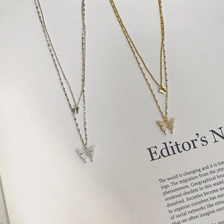 Elegant silver butterfly double layer clavicle chain necklace for women