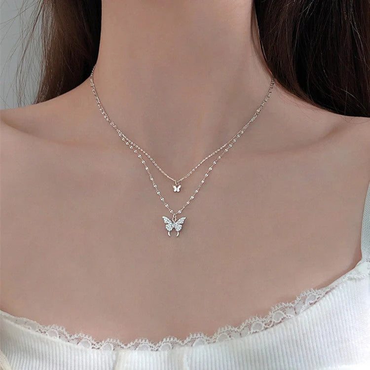 Elegant silver butterfly double layer clavicle chain necklace for women