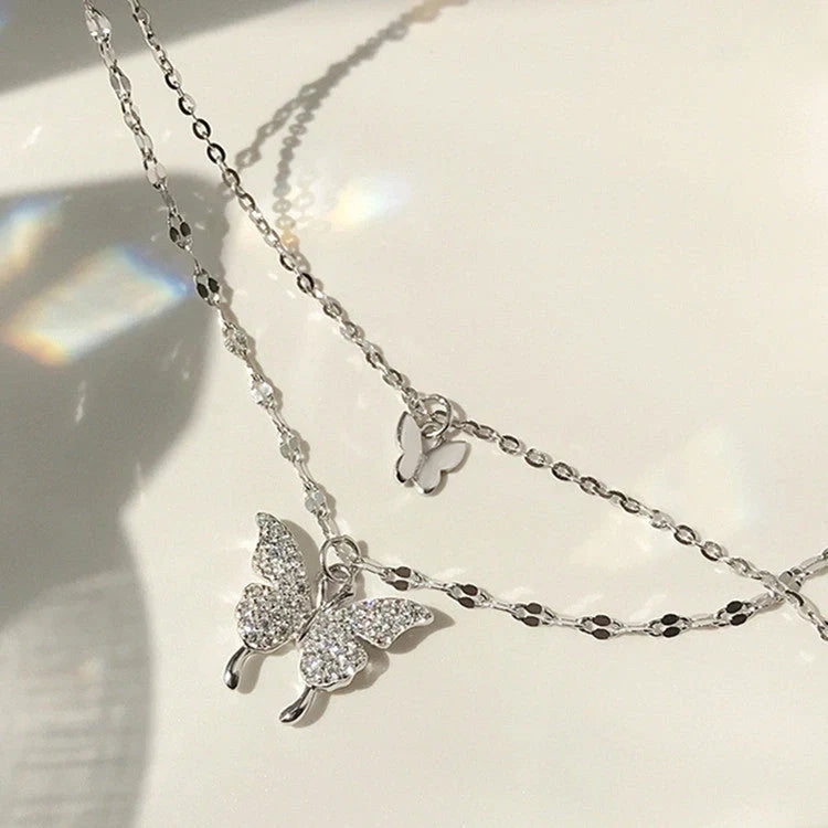 Elegant silver butterfly double layer clavicle chain necklace for women