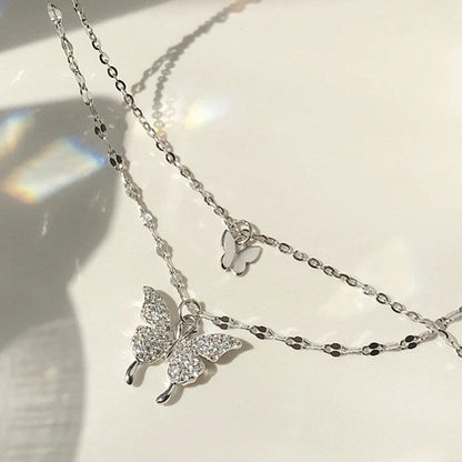 Elegant silver butterfly double layer clavicle chain necklace for women