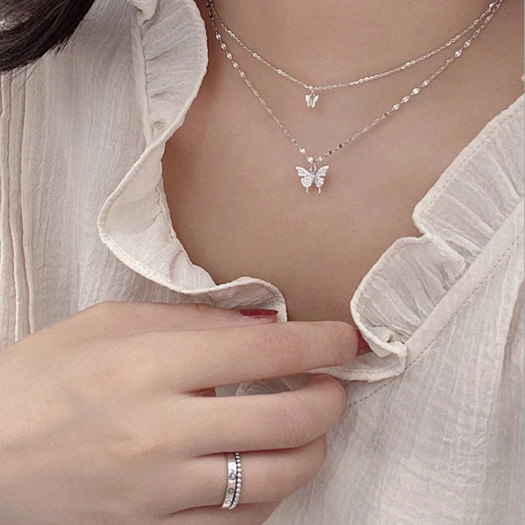 Elegant silver butterfly double layer clavicle chain necklace for women