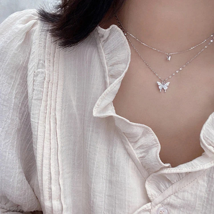 Elegant silver butterfly double layer clavicle chain necklace for women