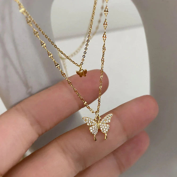 Elegant silver butterfly double layer clavicle chain necklace for women