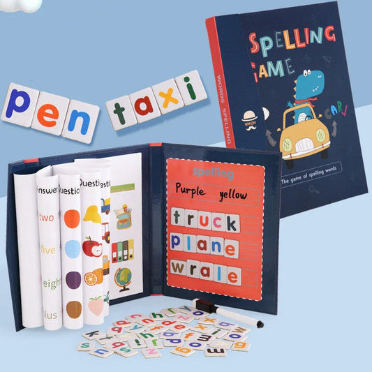Magnetic learning workbook with wooden construction and colorful magnetic letters and words for elementary school students