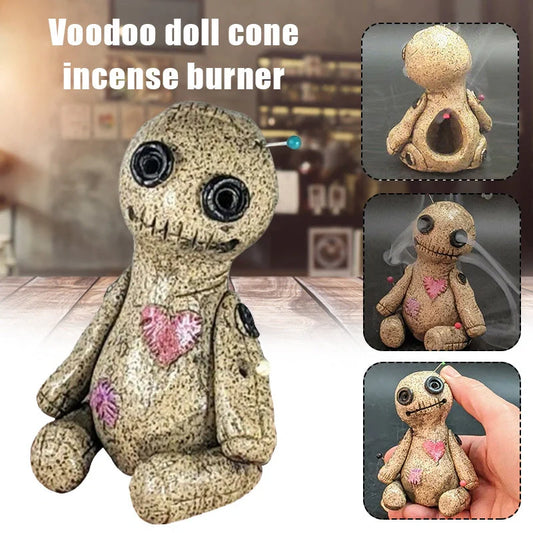 Handcrafted voodoo doll cone incense burner with smoke effect
