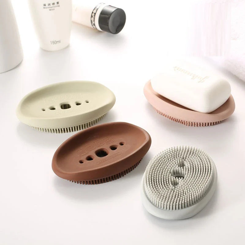 Premium silicone soap dish and brush combo in Scandinavian-inspired colours, featuring a concave dish and soft-bristle brush for bathroom and laundry cleaning