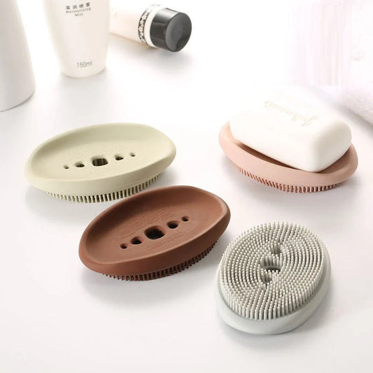 Premium silicone soap dish and brush combo in Scandinavian-inspired colours, featuring a concave dish and soft-bristle brush for bathroom and laundry cleaning