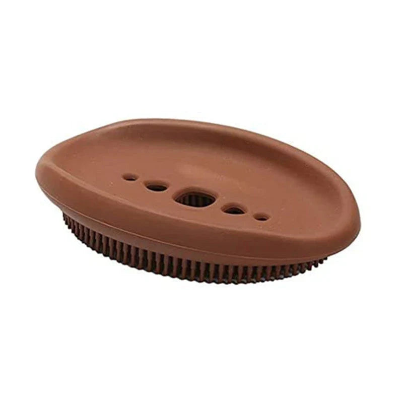 Premium silicone soap dish and brush combo in Scandinavian-inspired colours, featuring a concave dish and soft-bristle brush for bathroom and laundry cleaning