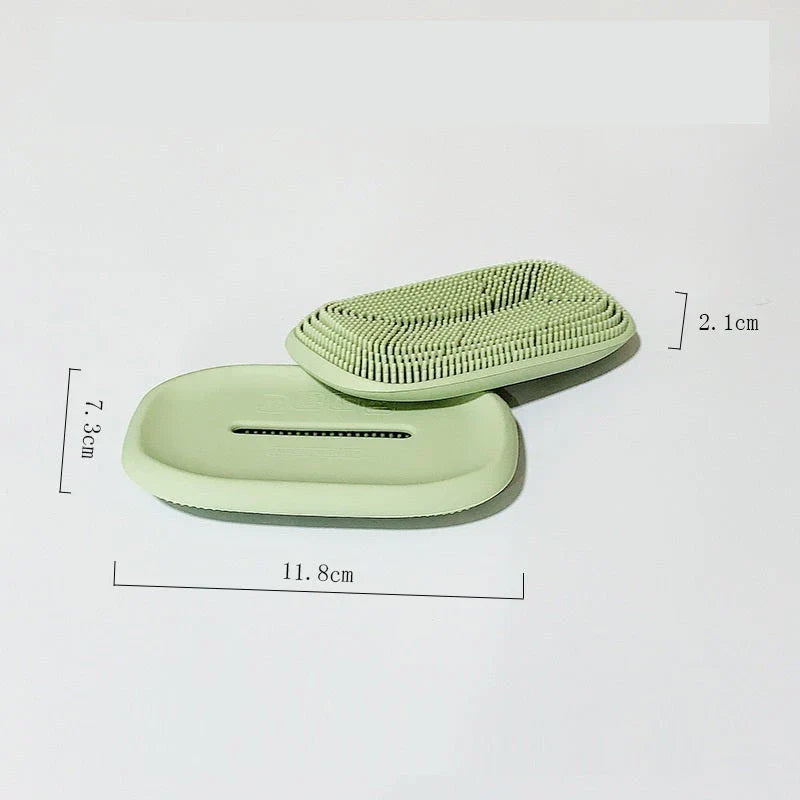 Premium silicone soap dish and brush combo in Scandinavian-inspired colours, featuring a concave dish and soft-bristle brush for bathroom and laundry cleaning