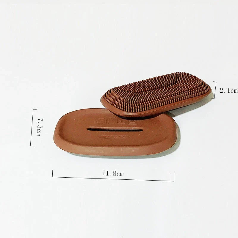 Premium silicone soap dish and brush combo in Scandinavian-inspired colours, featuring a concave dish and soft-bristle brush for bathroom and laundry cleaning