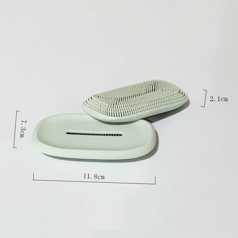 Premium silicone soap dish and brush combo in Scandinavian-inspired colours, featuring a concave dish and soft-bristle brush for bathroom and laundry cleaning