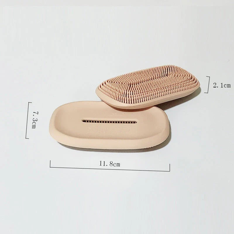 Premium silicone soap dish and brush combo in Scandinavian-inspired colours, featuring a concave dish and soft-bristle brush for bathroom and laundry cleaning