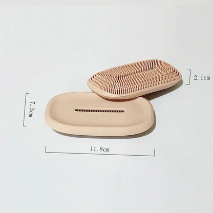 Premium silicone soap dish and brush combo in Scandinavian-inspired colours, featuring a concave dish and soft-bristle brush for bathroom and laundry cleaning