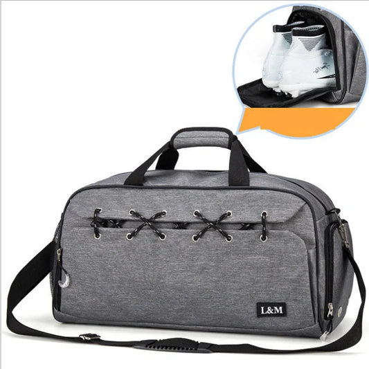 Sports gym duffel bag with shoe compartment and waterproof pocket