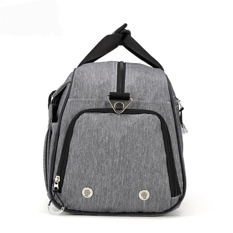 Sports gym duffel bag with shoe compartment and waterproof pocket