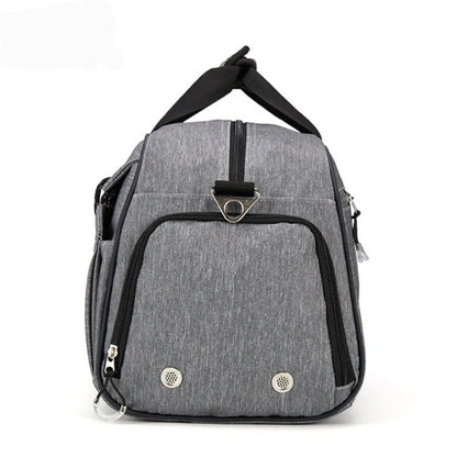 Sports gym duffel bag with shoe compartment and waterproof pocket