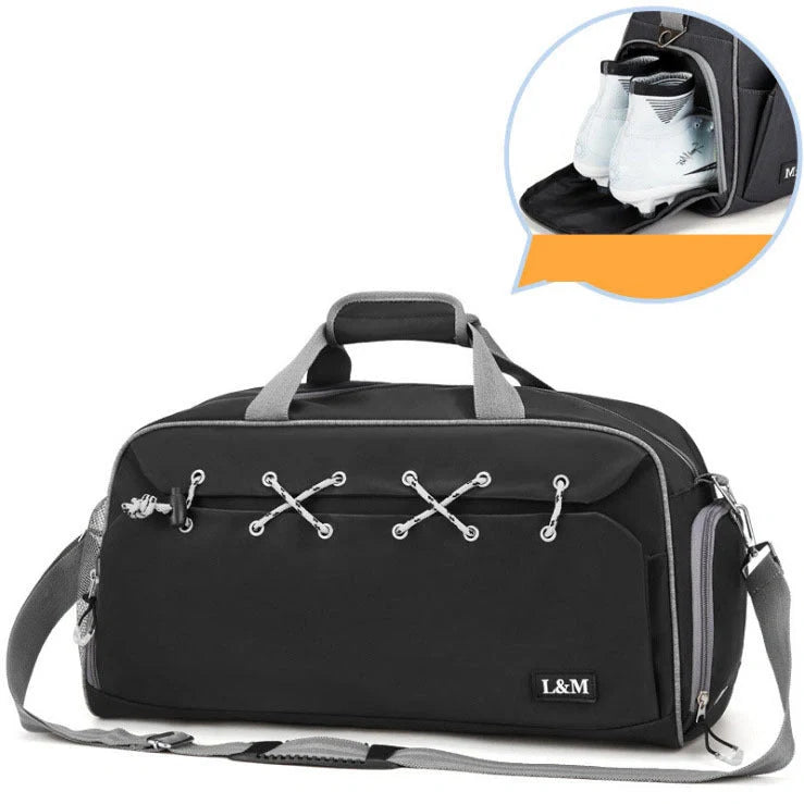 Sports gym duffel bag with shoe compartment and waterproof pocket