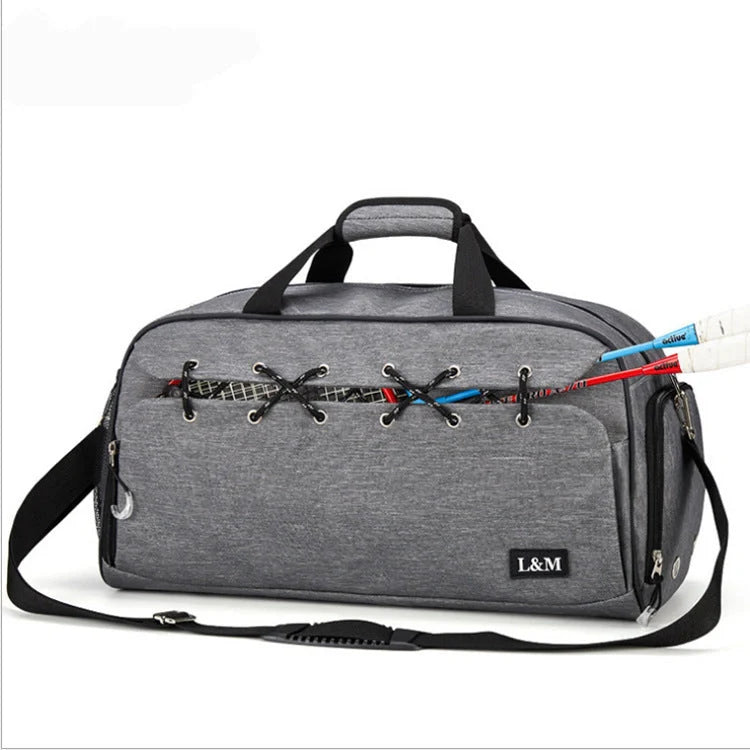 Sports gym duffel bag with shoe compartment and waterproof pocket