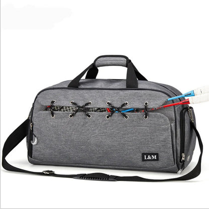 Sports gym duffel bag with shoe compartment and waterproof pocket