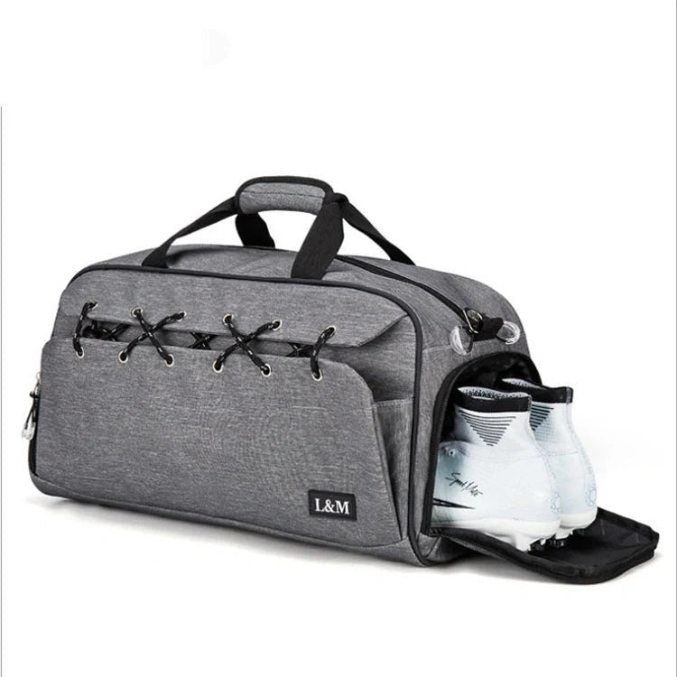 Sports gym duffel bag with shoe compartment and waterproof pocket