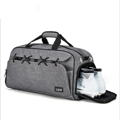 Sports gym duffel bag with shoe compartment and waterproof pocket