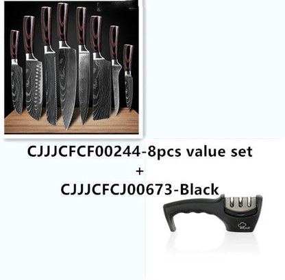 Premium 8-Piece Damascus Steel Kitchen Knife Set with Razor-Sharp Blades and Ergonomic Wooden Handles