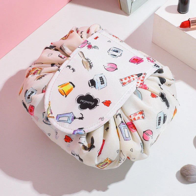 Stylish and practical cosmetic bag with multiple color and pattern options, featuring a drawstring closure and roomy interior for easy organization during travel.