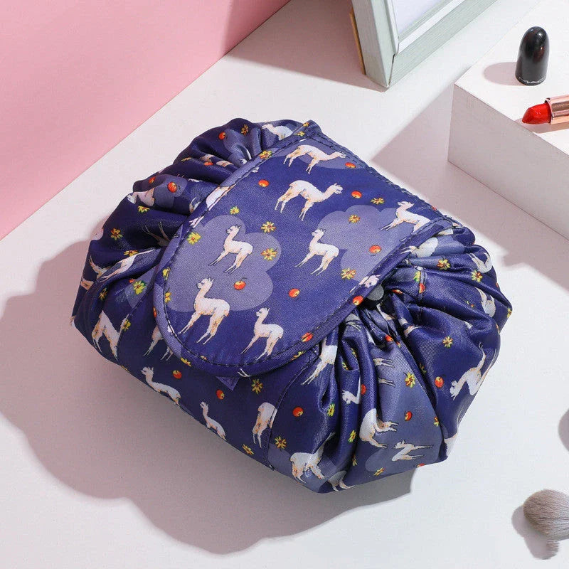 Stylish and practical cosmetic bag with multiple color and pattern options, featuring a drawstring closure and roomy interior for easy organization during travel.