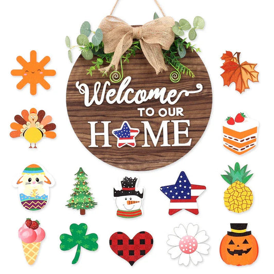 Versatile wooden door hanger with interchangeable seasonal decor including flowers, hearts, pumpkins, and more