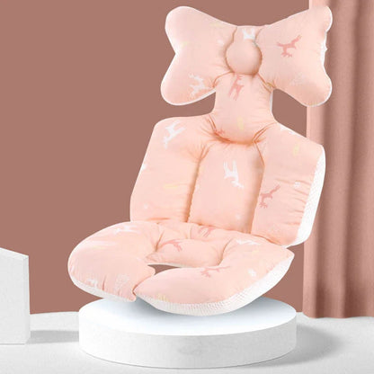 A soft, padded cotton stroller cushion in various colorful, gender-neutral patterns to keep a baby comfortable and supported.