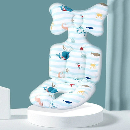 A soft, padded cotton stroller cushion in various colorful, gender-neutral patterns to keep a baby comfortable and supported.