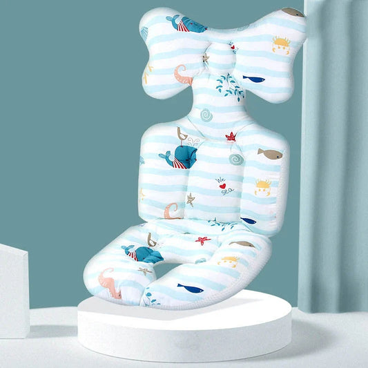 A soft, padded cotton stroller cushion in various colorful, gender-neutral patterns to keep a baby comfortable and supported.