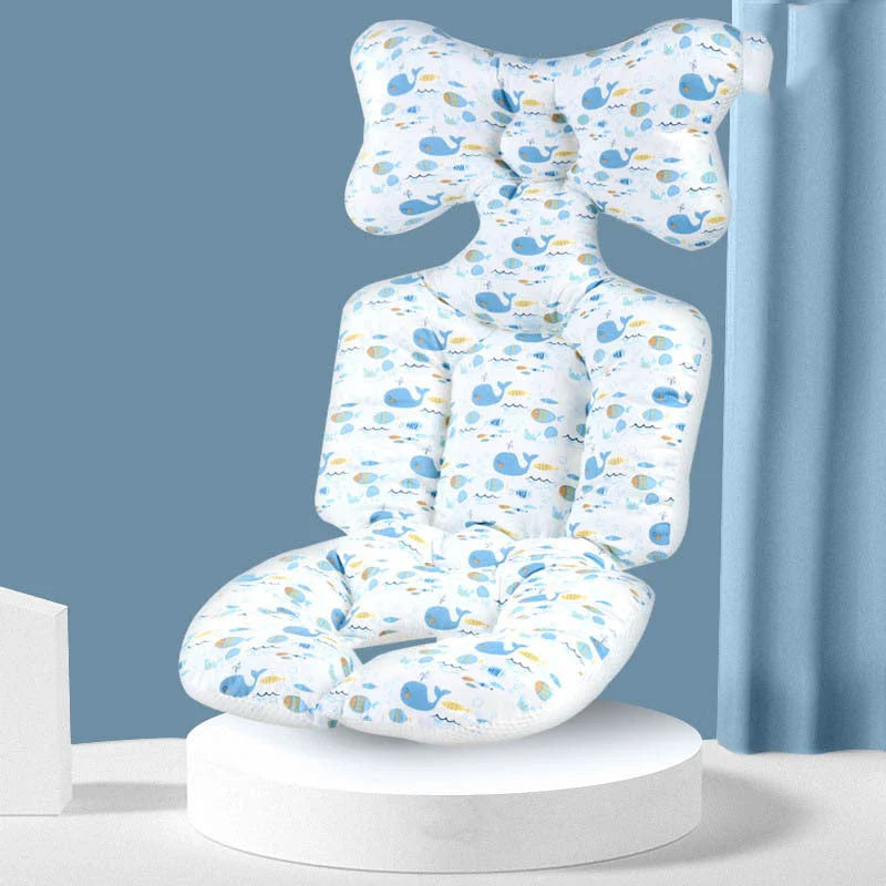 A soft, padded cotton stroller cushion in various colorful, gender-neutral patterns to keep a baby comfortable and supported.