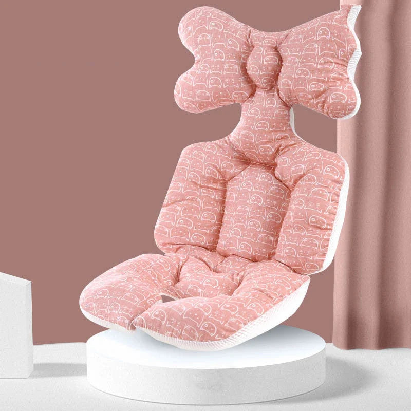 A soft, padded cotton stroller cushion in various colorful, gender-neutral patterns to keep a baby comfortable and supported.