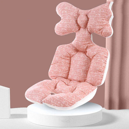 A soft, padded cotton stroller cushion in various colorful, gender-neutral patterns to keep a baby comfortable and supported.